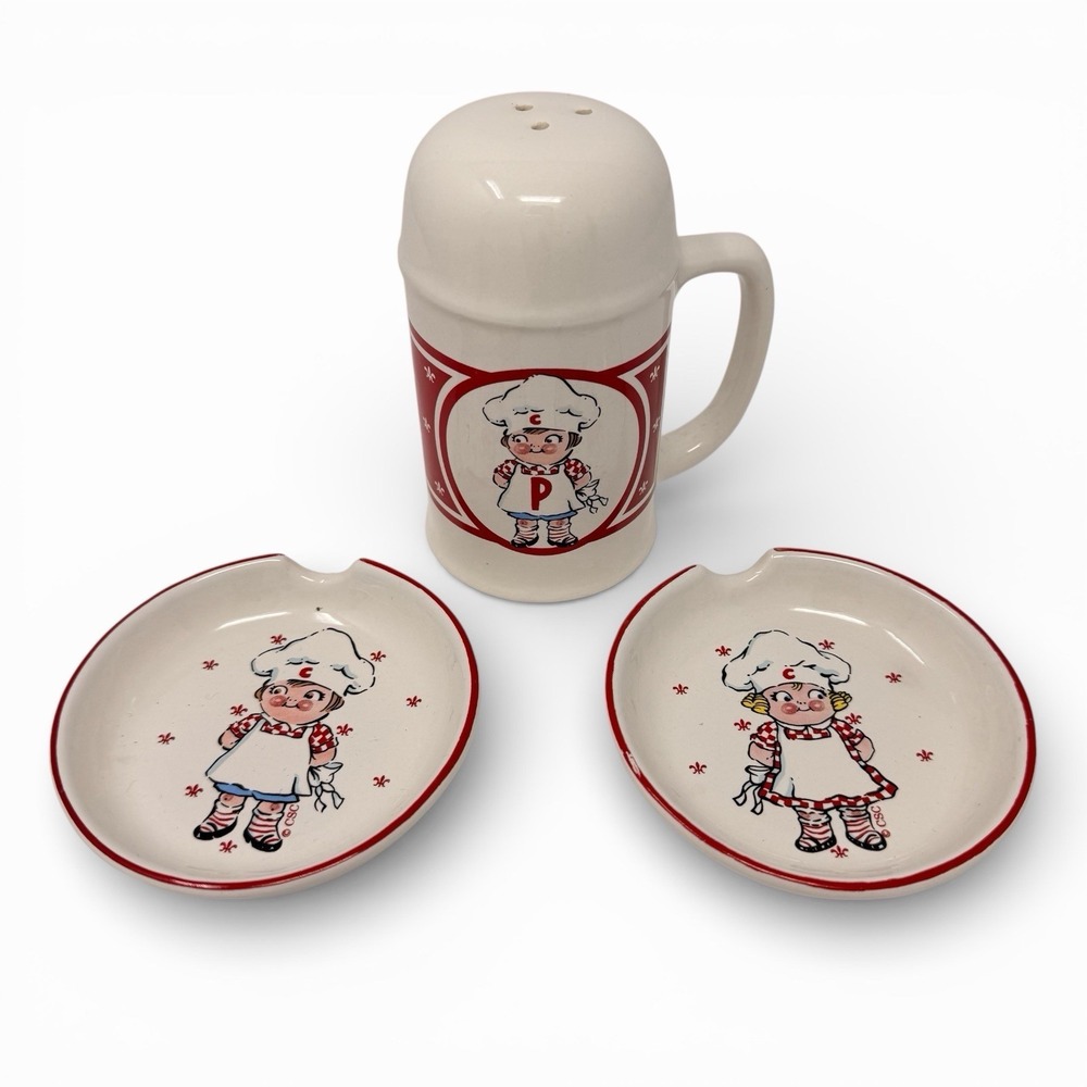 3pc 1990‎ NIB "Campbell Kids" Soup Kitchen Salt Pepper Shakers Spoon Drip Holder